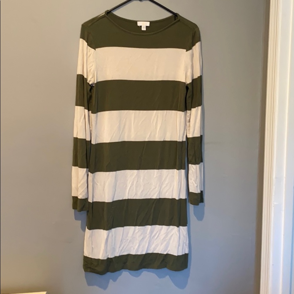 Cream and olive green striped dress